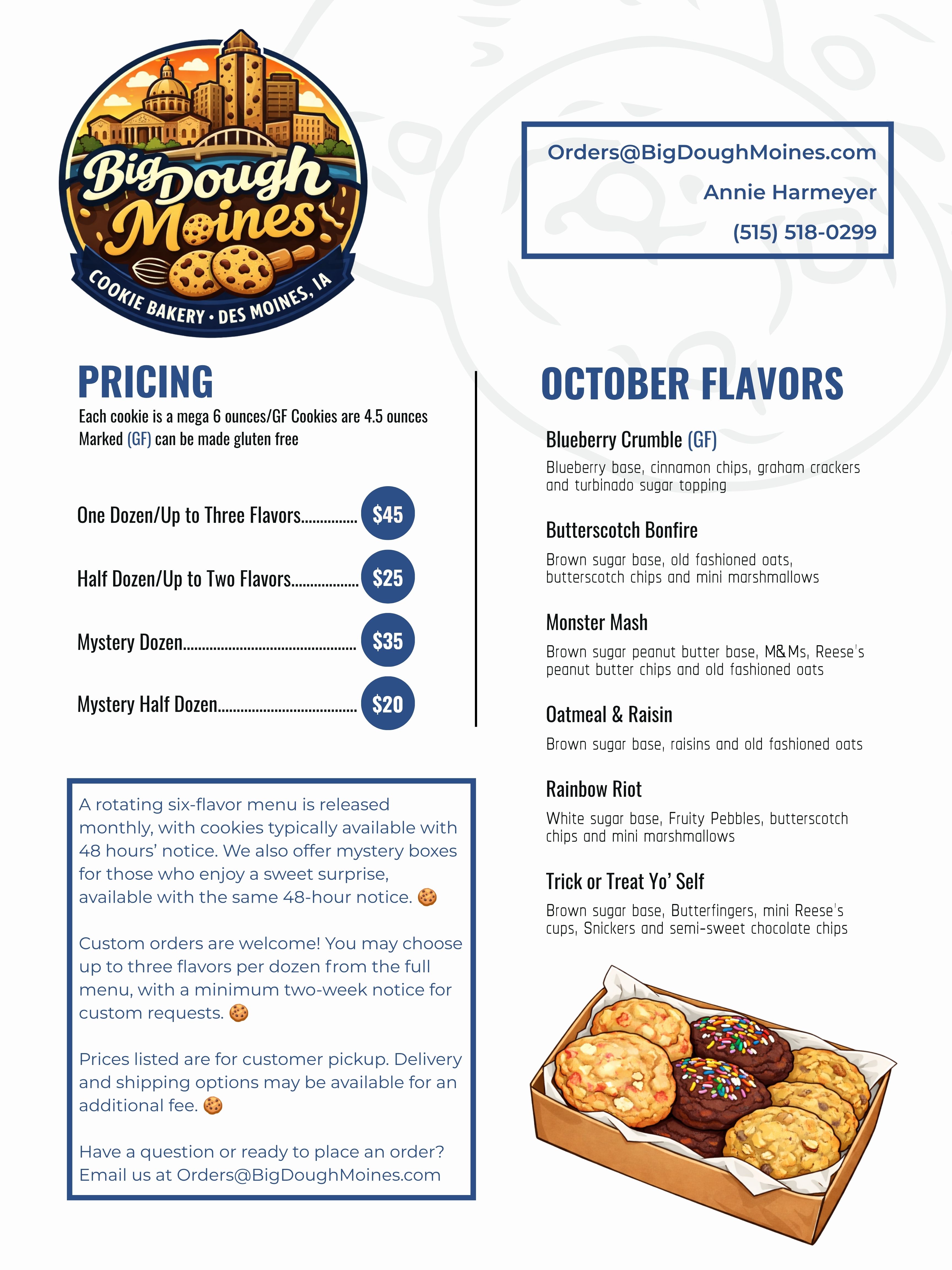 Big Dough Moines cookie menu