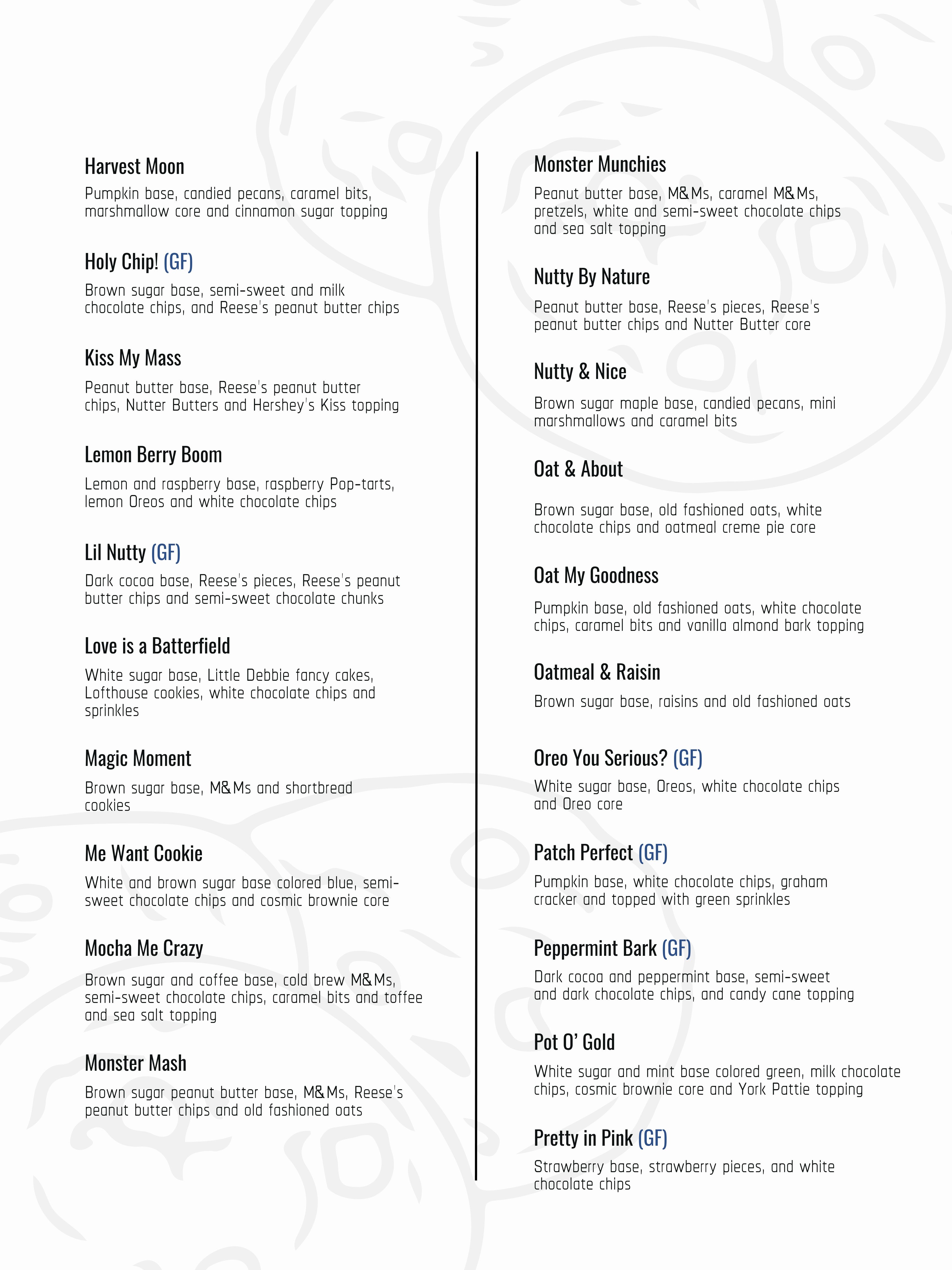 Big Dough Moines cookie menu